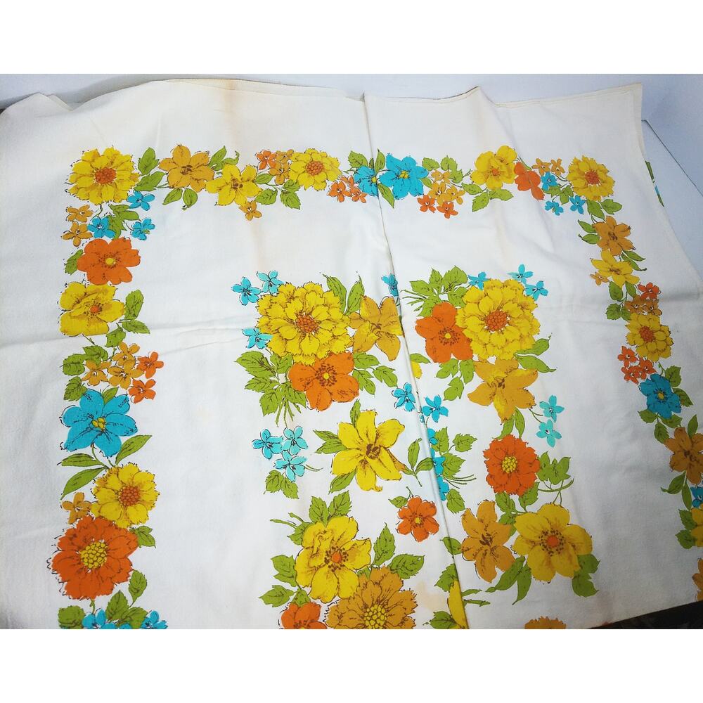 Vintage 70s Floral Tablecloth Yellow Orange Retro MCM READ Stained AS IS